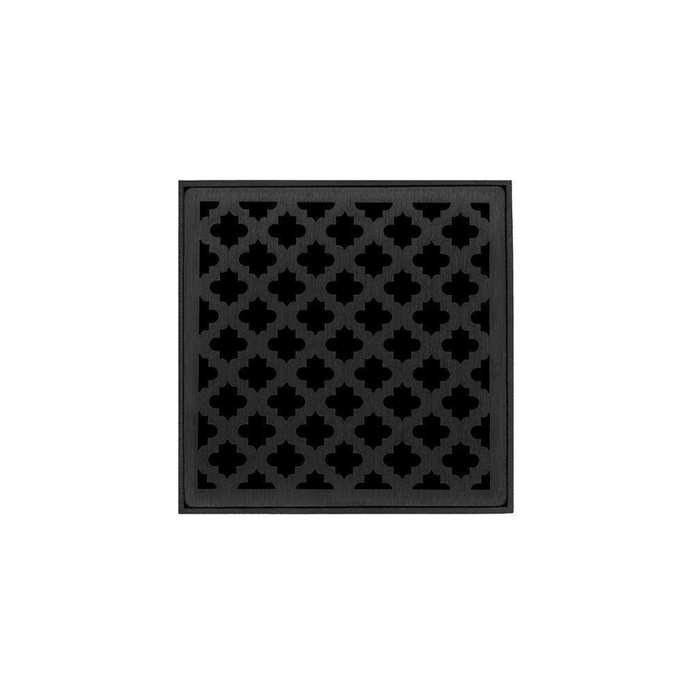 Infinity Drain 4'' x 4'' MD 4 Complete Kit with Moor Pattern Decorative Plate in Matte Black with Cast Iron Drain Body for Hot Mop, 2'' Outlet