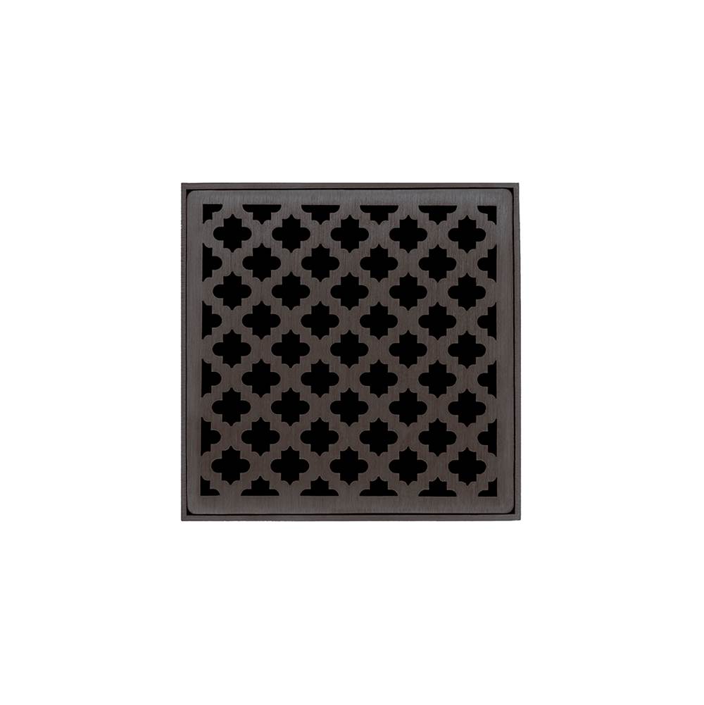 Infinity Drain 5'' x 5'' MDB 5 Complete Kit with Moor Pattern Decorative Plate in Oil Rubbed Bronze with Stainless Steel Bonded Flange Drain Body, 2'' No Hub Outlet