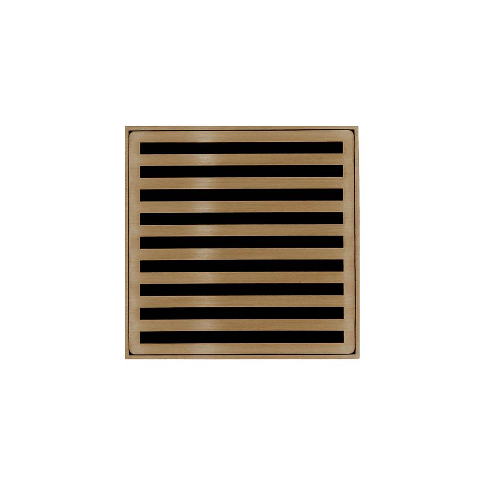 Infinity Drain 4'' x 4'' ND 4 Complete Kit with Lines Pattern Decorative Plate in Satin Bronze with Cast Iron Drain Body for Hot Mop, 2'' Outlet