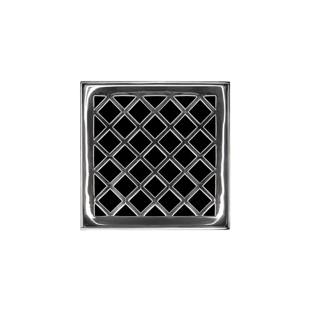 Infinity Drain 4'' x 4'' XD 4 Complete Kit with Criss-Cross Pattern Decorative Plate in Polished Stainless with Cast Iron Drain Body, 2'' Outlet