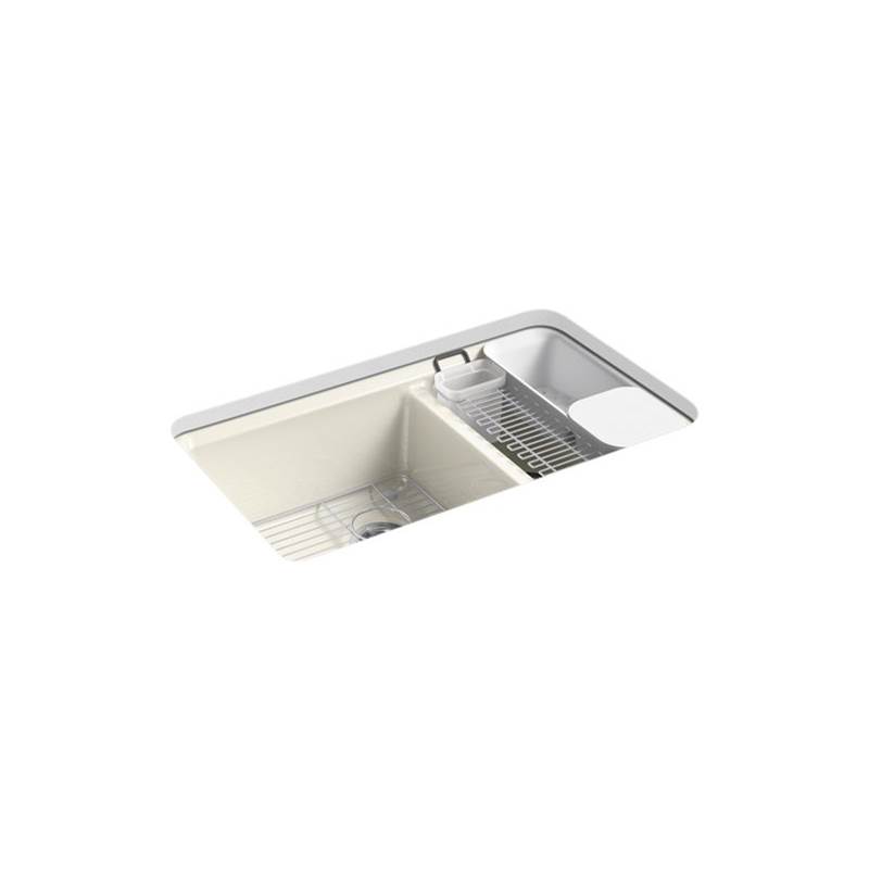 Kohler Riverby® 33'' x 22'' x 9-5/8'' undermount large/medium double-bowl workstation kitchen sink with accessories and 5 oversized faucet holes