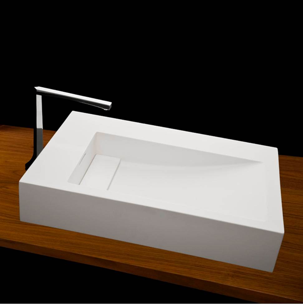 Lacava Vessel Bathroom Sink with deck on the left, made of solid surface, with an overflow and decorative drain cover.