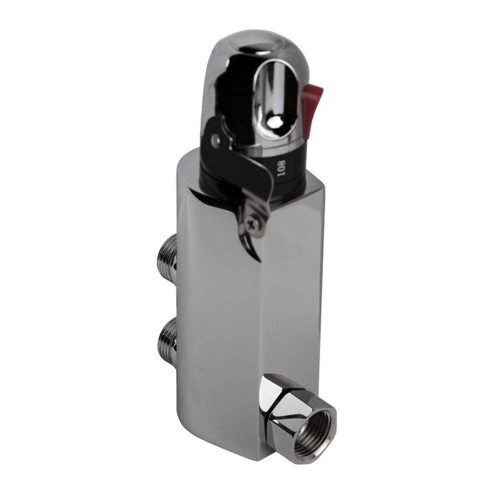 Lacava Integrated thermostatic mixing valve. It includes built-in filters and back check valves. W: 2 1/8'', H: 5 3/8''.