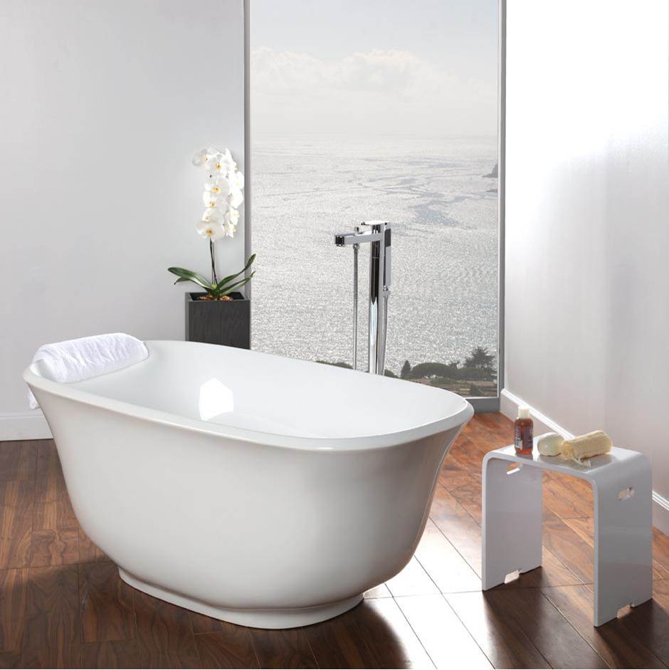 Lacava Free-standing soaking bathtub made of luster white acrylic with an overflow and polished chrome drain, net weight 84 lbs, water capacity 58 gal.