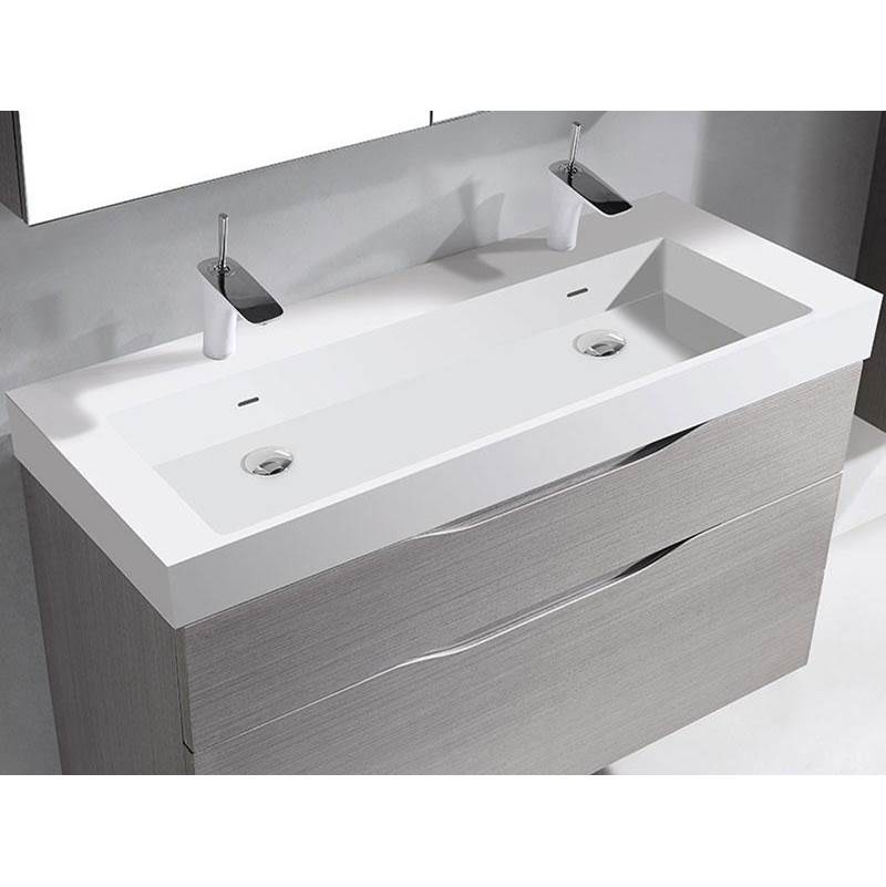 Madeli 18''D-Trough 48''W Solid Surface , Sink. Glossy White. 2-Bowls, 8'' Widespread. W/Overflow, Basin Depth: 5-3/4'', 47-7/8'' X 18-1/8'' X 4-1/2''