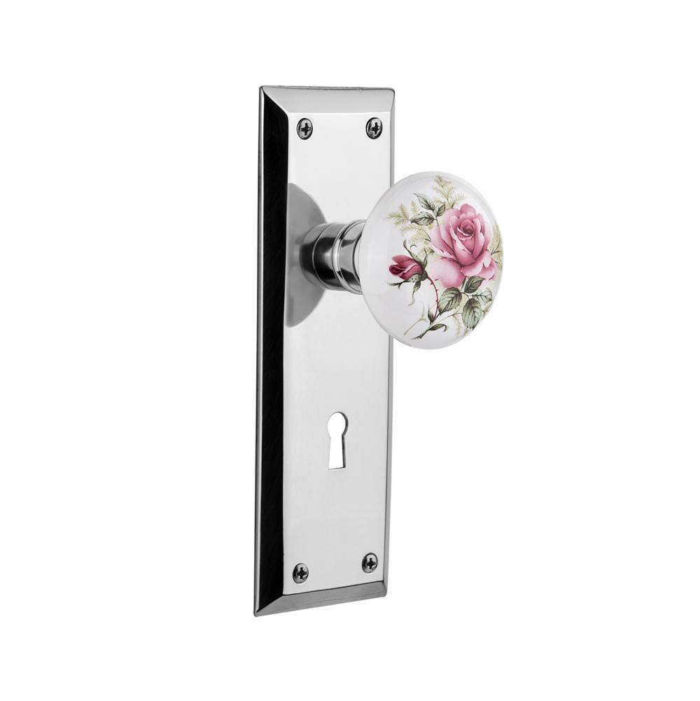 Nostalgic Warehouse Nostalgic Warehouse New York Plate with Keyhole Double Dummy White Rose Porcelain Door Knob in Bright Chrome