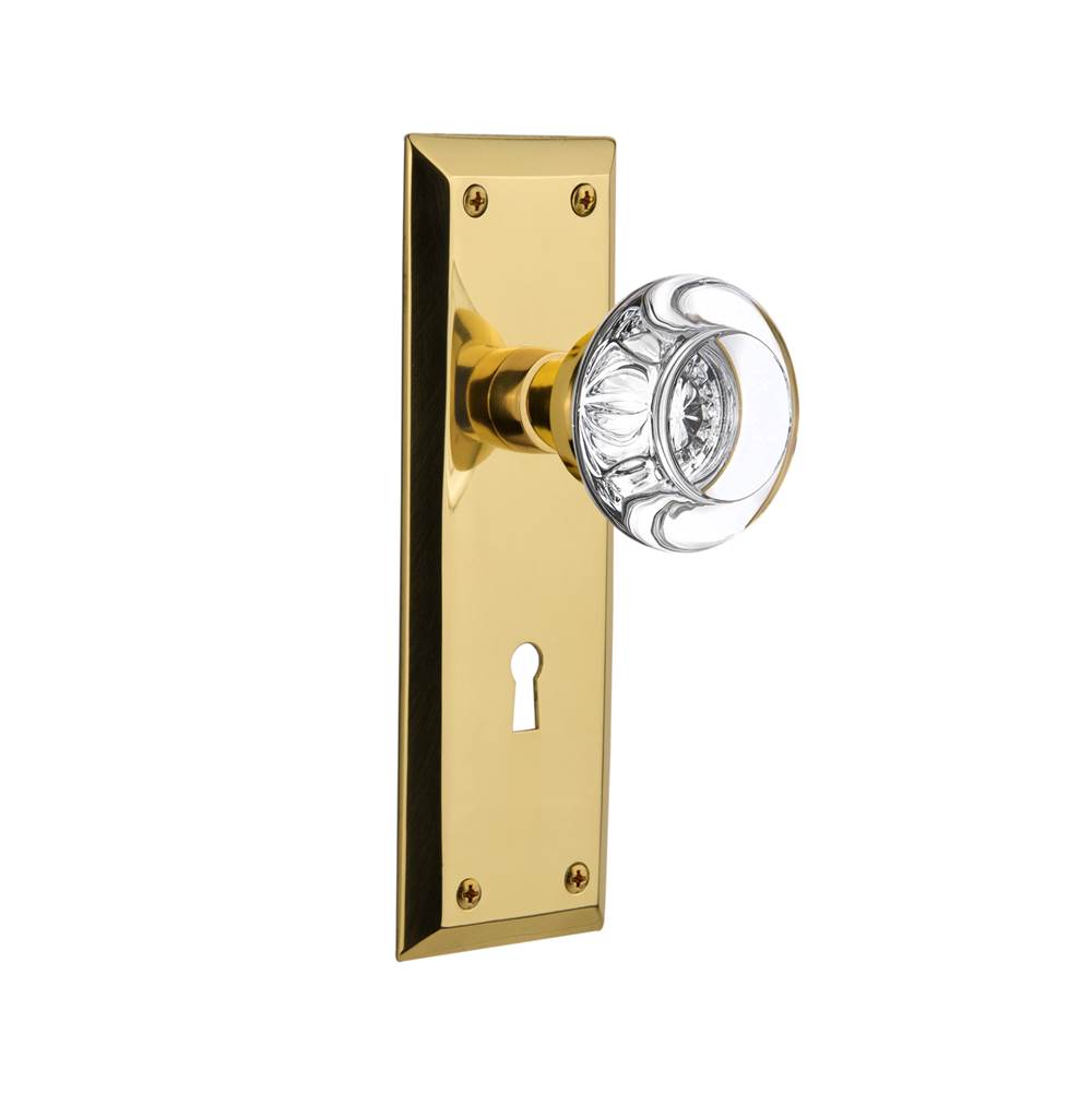 Nostalgic Warehouse Nostalgic Warehouse New York Plate with Keyhole Double Dummy Round Clear Crystal Glass Door Knob in Polished Brass
