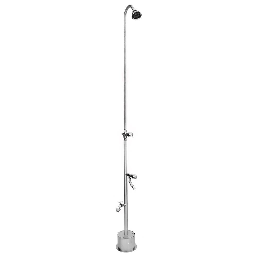 Outdoor Shower Free Standing Single Supply Shower - ADA Metered Valve, 3'' Shower Head, Hose Bibb, Foot Shower