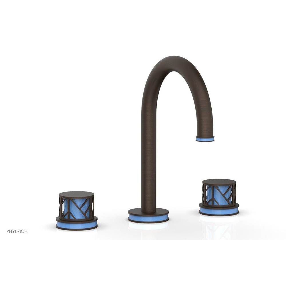 Phylrich Antique Brass Jolie Widespread Lavatory Faucet With Gooseneck Spout, Round Cutaway Handles, And Light Blue Accents - 1.2GPM