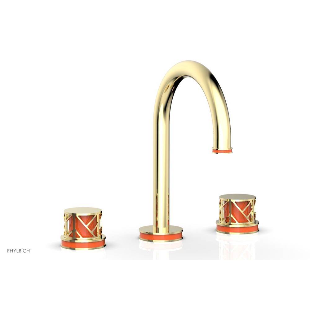 Phylrich Polished Brass Jolie Widespread Lavatory Faucet With Gooseneck Spout, Round Cutaway Handles, And Orange Accents - 1.2GPM