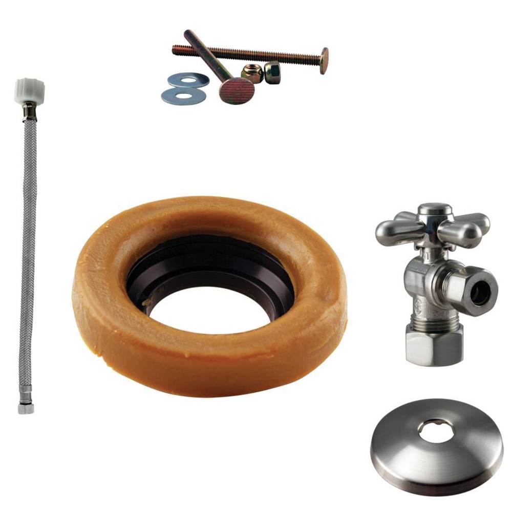 Westbrass Toilet Kit with 1/4-Turn nom comp Stop and Wax Ring - Cross Handle in Satin Nickel