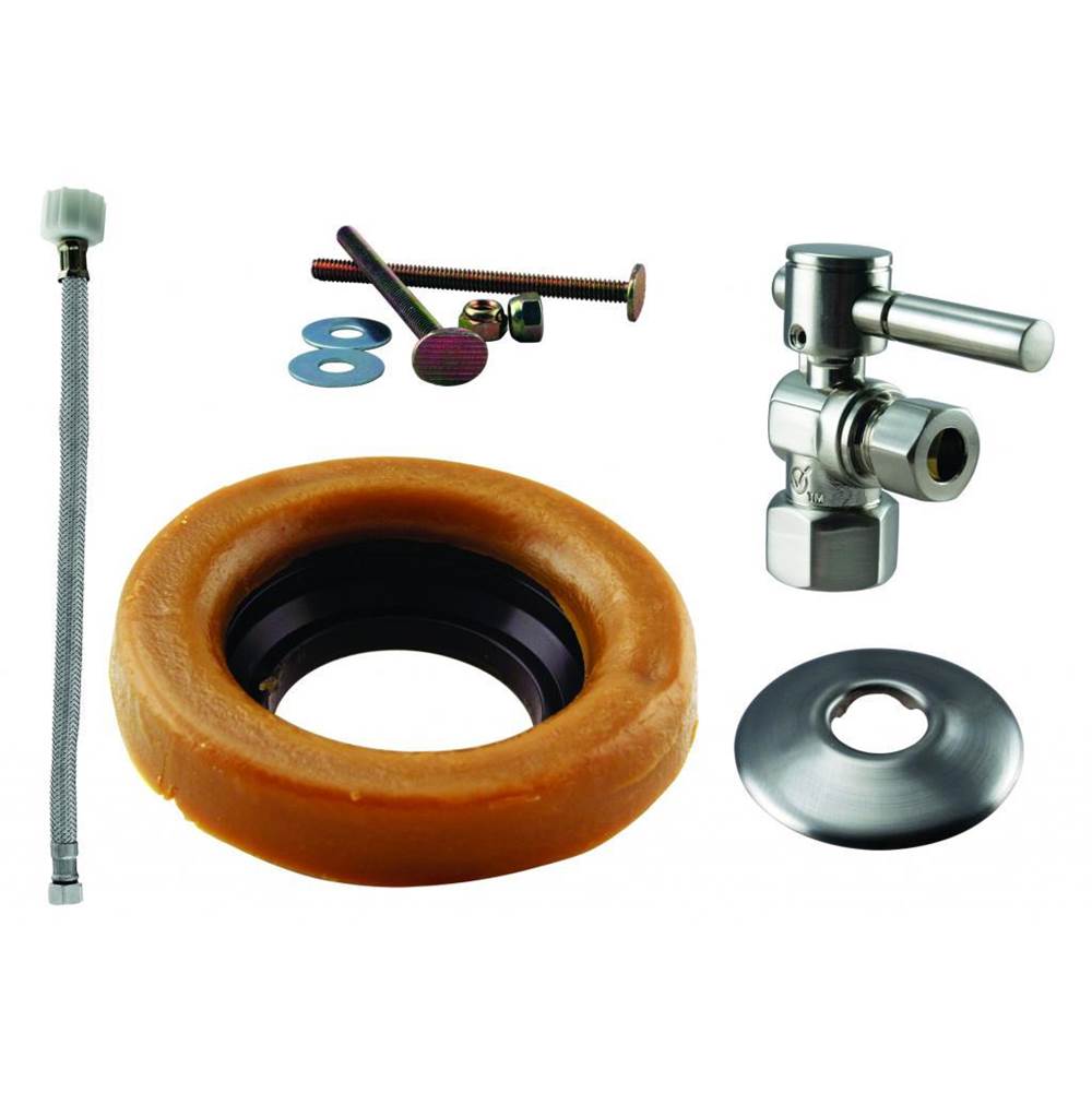Westbrass Toilet Kit with 1/4-Turn 1/2 in IPS Stop and Wax Ring - Lever Handle in Satin Nickel