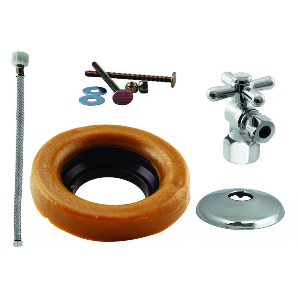 Westbrass Toilet Kit with 1/4-Turn 1/2 in IPS Stop and Wax Ring - Cross Handle in Polished Chrome